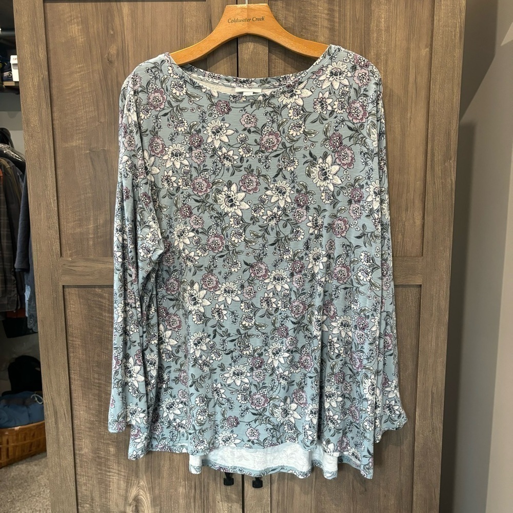 J Jill XL Top Jersey Knit Pleated Back Long Sleeve Floral